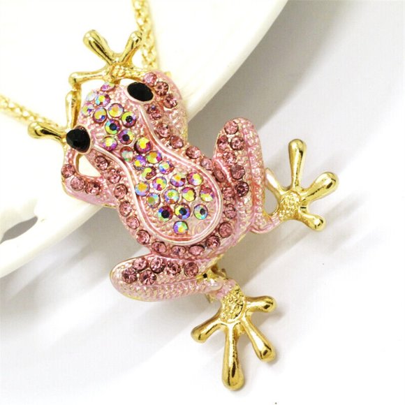 NEW Betsey Johnson Pink AB Tree Frog Necklace Pendant Chain - Picture 3 of 3